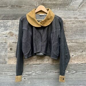 Vintage Lagenlook Cropped Boxy‎ Faux Denim Corduroy Contrast Western Jacket OS